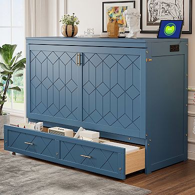 Merax Queen Size Murphy Bed Wall Bed with drawer and a set of Sockets & USB Ports
