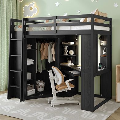 Merax Twin Size Loft Bed with Integrated Large Wardrobe and Desk