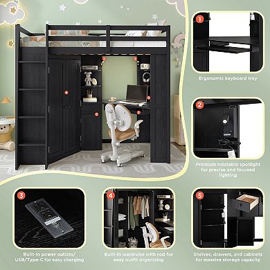 Merax Twin Size Loft Bed with Integrated Large Wardrobe and Desk