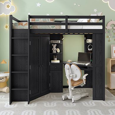 Merax Twin Size Loft Bed with Integrated Large Wardrobe and Desk