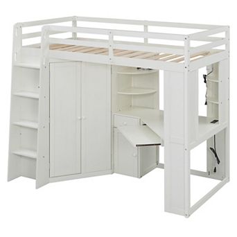 Merax Twin Size Loft Bed with Integrated Large Wardrobe and Desk