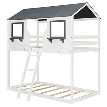 Merax Twin Over Twin Bunk Bed Wood Bed with Roof