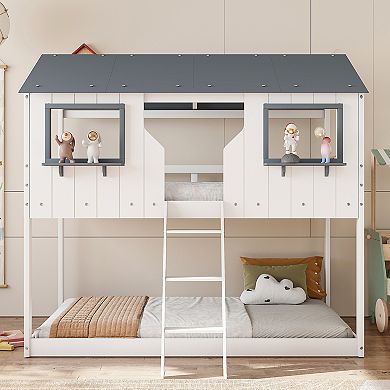 Merax Twin Over Twin Bunk Bed Wood Bed with Roof