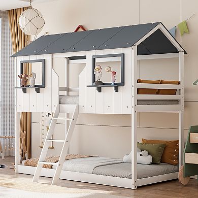 Merax Twin Over Twin Bunk Bed Wood Bed with Roof