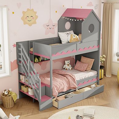 Merax Twin Over Twin with House and Drawer,Staircase