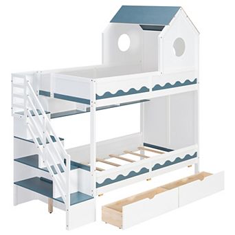 Merax Twin Over Twin with House and Drawer,Staircase