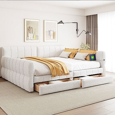 Merax Queen Size Upholstered Platform Bed with USB and 2 Drawers