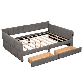 Merax Queen Size Upholstered Platform Bed with USB and 2 Drawers