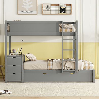 Merax Twin Over Twin Bunk Bed with Twin size Trundle, Storage and Desk