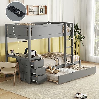 Merax Twin Over Twin Bunk Bed with Twin size Trundle, Storage and Desk