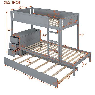 Merax Twin Over Twin Bunk Bed with Twin size Trundle, Storage and Desk