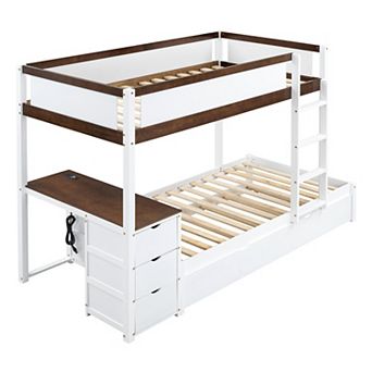 Merax Twin Over Twin Bunk Bed with Twin size Trundle, Storage and Desk