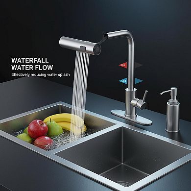 Brushed Nickel Pull Down Kitchen Faucet With Soap Dispenser 3 Spray Modes