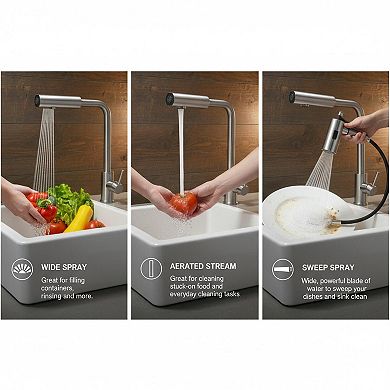 Brushed Nickel Pull Down Kitchen Faucet With Soap Dispenser 3 Spray Modes
