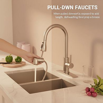Stainless Steel Pull Down Kitchen Faucet High Arc Single Handle 3 Spray Settings