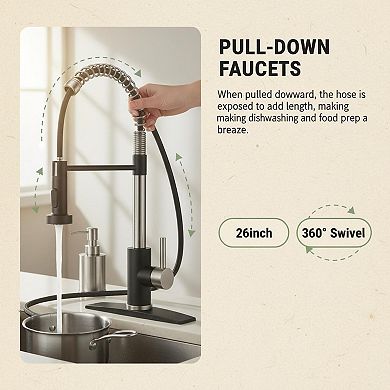 Brushed Nickel Stainless Steel Pull Down Sprayer Kitchen Faucet Dual Function Easy Install