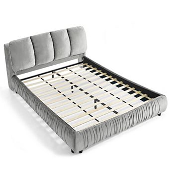 Pnronnc Upholstered Platform Bed Frame Velvet Fabric Bed Frame with Padded Headboard