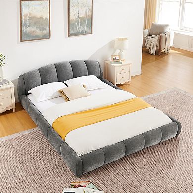 Pnronnc Low Profile Chenille Bed Frame Upholstered Platform Bed with Curved Headboard for Bedroom