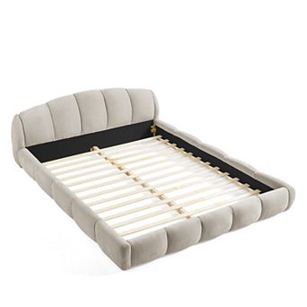 Pnronnc Low Profile Chenille Bed Frame Upholstered Platform Bed with Curved Headboard for Bedroom