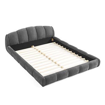 Pnronnc Low Profile Chenille Bed Frame Upholstered Platform Bed with Curved Headboard for Bedroom
