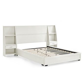 Pnronnc Wooden Platform Bed Frame with 2 Side Bookcases and Drawers, Fabric-Wrapped Design