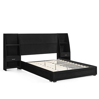 Pnronnc Wooden Platform Bed Frame with 2 Side Bookcases and Drawers, Fabric-Wrapped Design