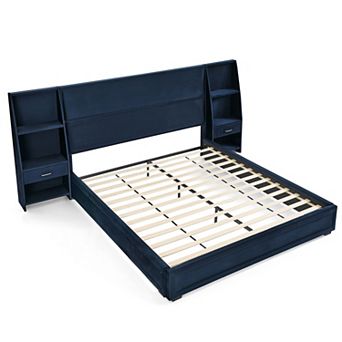 Pnronnc Wooden Platform Bed Frame with 2 Side Bookcases and Drawers, Fabric-Wrapped Design