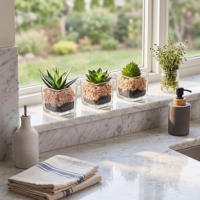 Artificial Succulents in Glass Pots, Mini Faux Indoor Desk Decor