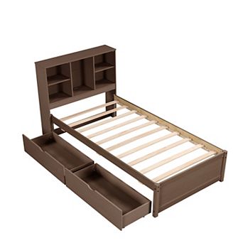 Pnronnc Twin Size Storage Bed Frame with USB Port Bookcase Headboard, 2 Drawers, Wood Slat Support