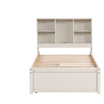 Pnronnc Twin Size Storage Bed Frame with USB Port Bookcase Headboard, 2 Drawers, Wood Slat Support