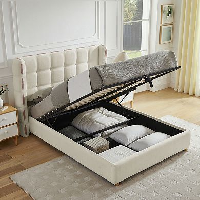 Pnronnc Hydraulic Lift Platform Bed Frame, Removable Chenille Wingback Upholstered Storage Bed
