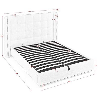 Pnronnc Hydraulic Lift Platform Bed Frame, Removable Chenille Wingback Upholstered Storage Bed