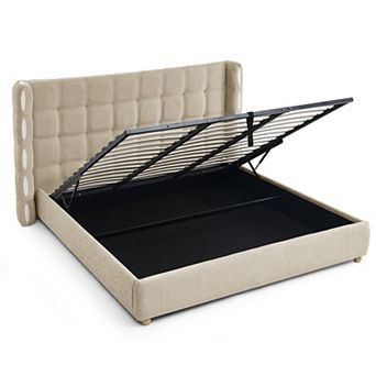 Pnronnc Hydraulic Lift Platform Bed Frame, Removable Chenille Wingback Upholstered Storage Bed