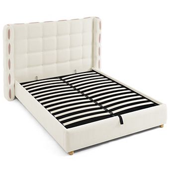 Pnronnc Hydraulic Lift Platform Bed Frame, Removable Chenille Wingback Upholstered Storage Bed
