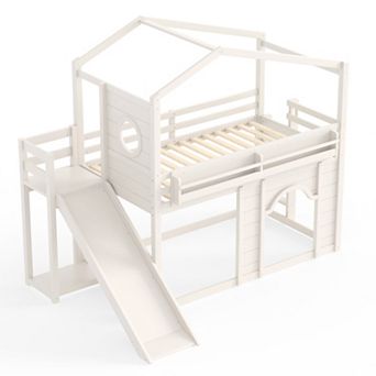 Pnronnc Kids House Loft Bed with Slide & Wardrobe, Wooden Loft Bed Frame with Arched Door & Ladder