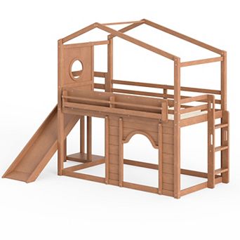 Pnronnc Kids House Loft Bed with Slide & Wardrobe, Wooden Loft Bed Frame with Arched Door & Ladder