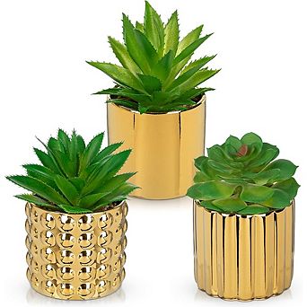 Artificial Succulent Plants Set of 3 in Gold Pots, Mini Faux Desk Decor