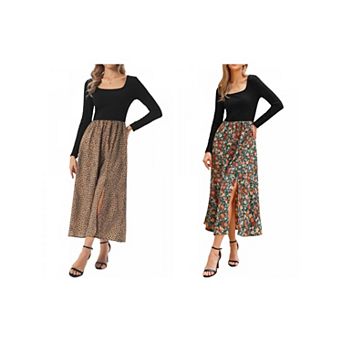 2 Packs Vintage Patchwork Dress for Women's Maxi Swing Square Neck Party Dress
