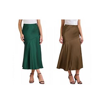 2 Packs Women's Satin Maxi Skirt Fall High Waist Casual Cocktail Party Wedding Mermaid Long Skirts