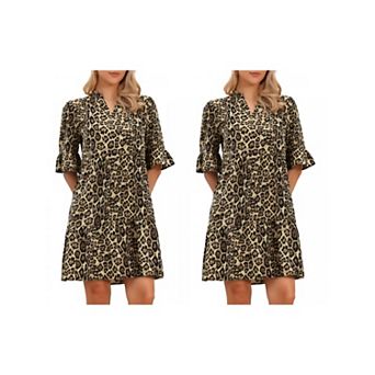 2 Packs Leopard Print Dress for Womens Notch Neck Short Sleeve Ruffle Hem Tunic Dresses
