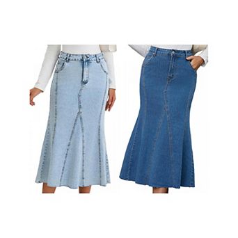 2 Packs Womens Denim Maxi Skirts High Waisted Casual Fit and Flare Long Jean Skirt