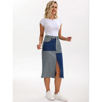 2 Packs Women's Jean Skirt Color Block Patchwork Raw Hem Slit Midi Denim Skirts