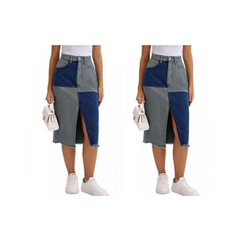 2 Packs Women's Jean Skirt Color Block Patchwork Raw Hem Slit Midi Denim Skirts