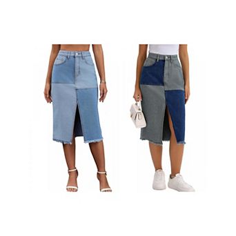 2 Packs Women's Jean Skirt Color Block Patchwork Raw Hem Slit Midi Denim Skirts
