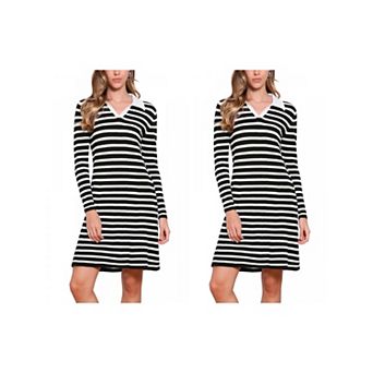 2 Packs Women's Sweater Dress Long Sleeve Striped V Neck A Line Ribbed Knit Above the Knee Dress