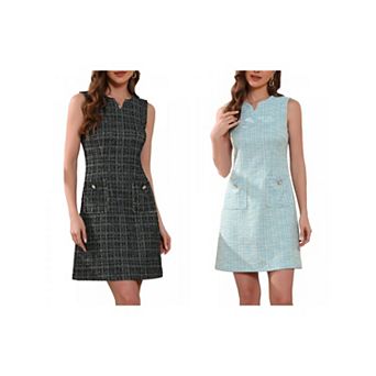 2 Packs Tweed Dress for Women's Elegant Plaid Sleeveless Pockets Zipper Business Casual Work Dresses
