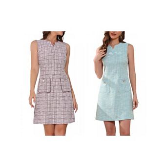 2 Packs Tweed Dress for Women's Elegant Plaid Sleeveless Pockets Zipper Business Casual Work Dresses