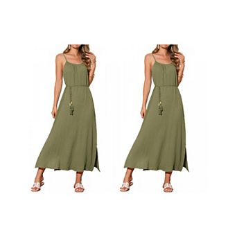 2 Packs Women's Summer Dresses Linen Maxi Sundress Loose Tie Waist Spaghetti Strap Cami Beach Dress