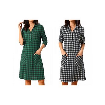 2 Packs Women's Vintage Plaid Dresses Collar V Neck Long Sleeve Check Casual Knee Length Shirt Dress