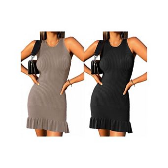 2 Packs Ribbed Knitted Dresses for Women Sleeveless Bodycon Sweater Ruffle Hem Short Dress